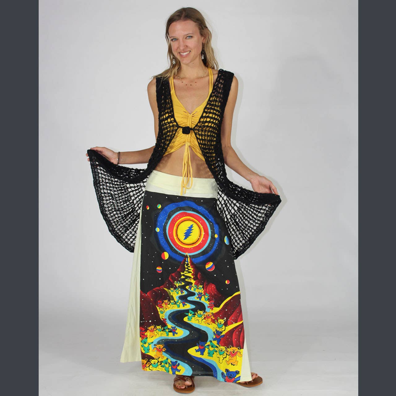 SUGAREE VEST Cotton Crochet Long Vest w/ Grateful Dead : Rainbow / One Size