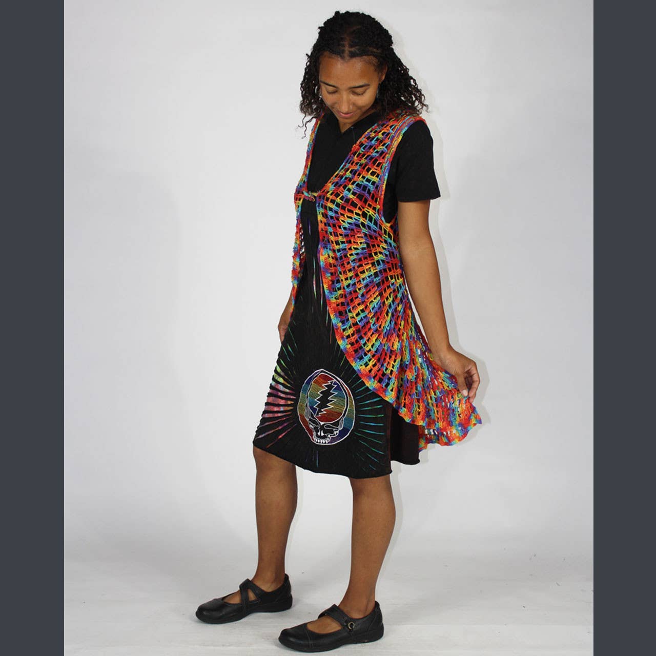 SUGAREE VEST Cotton Crochet Long Vest w/ Grateful Dead : Rainbow / One Size