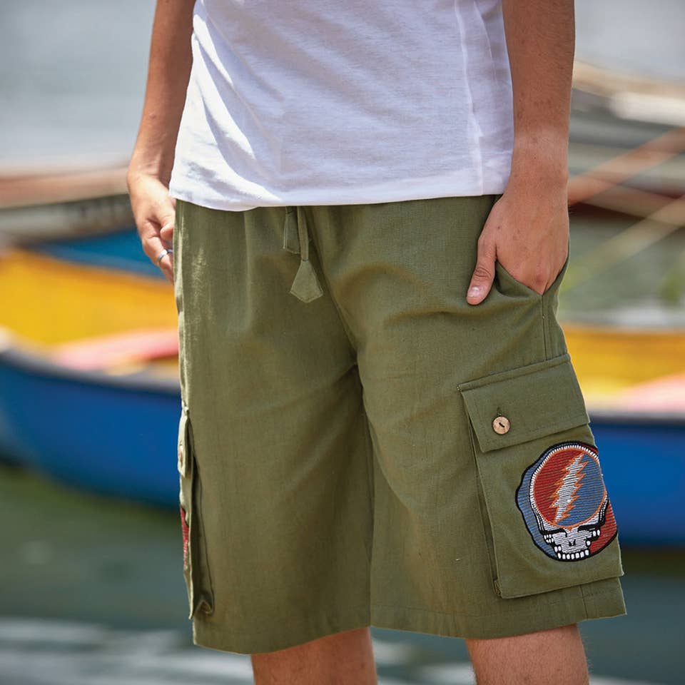 Grateful Dead Cargo Shorts w/ 2 Steal Your Face Embroidery: Olive / Xxl