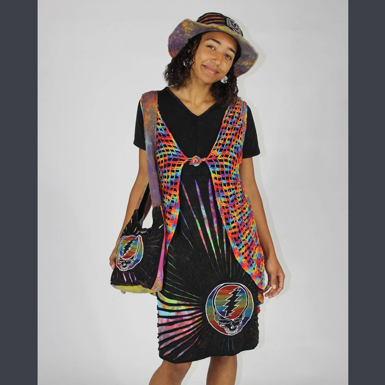 SUGAREE VEST Cotton Crochet Long Vest w/ Grateful Dead : Rainbow / One Size